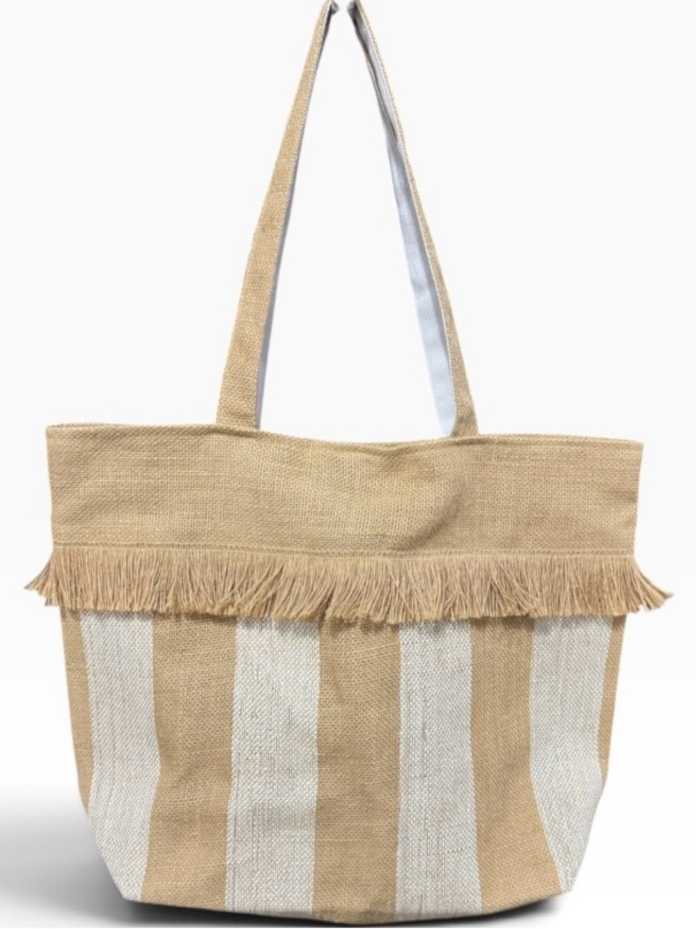 Ruggine Striped Jute Beach Tote Bag with Fringe Trim – Neutral Boho Shopper